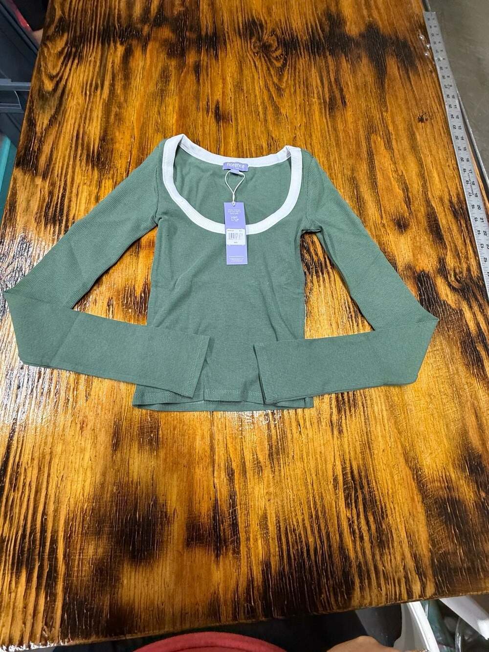 Florence By Mills Long Sleeve Ribbed Top Size XXS Green White